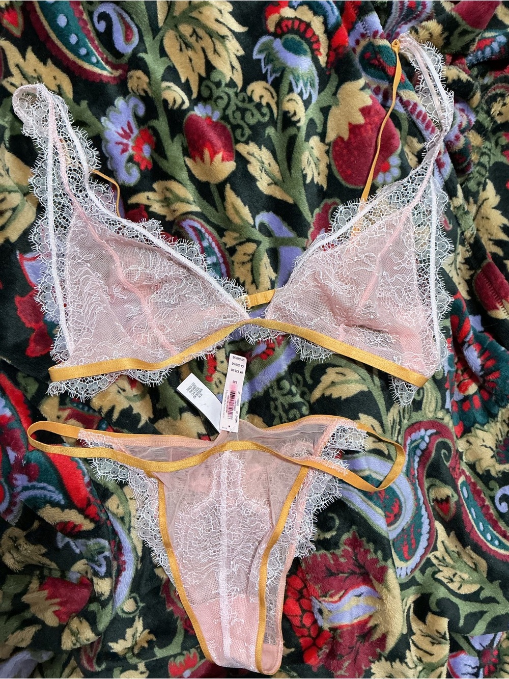 #152 Victoria's Secret Pink Sheer Lace Bralette & Thong with Gold Trim